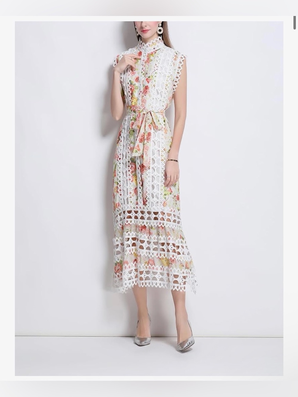 Lai Meng Five Cats Sleeveless White Floral Lace Midi Dress with Tie Waist Size M